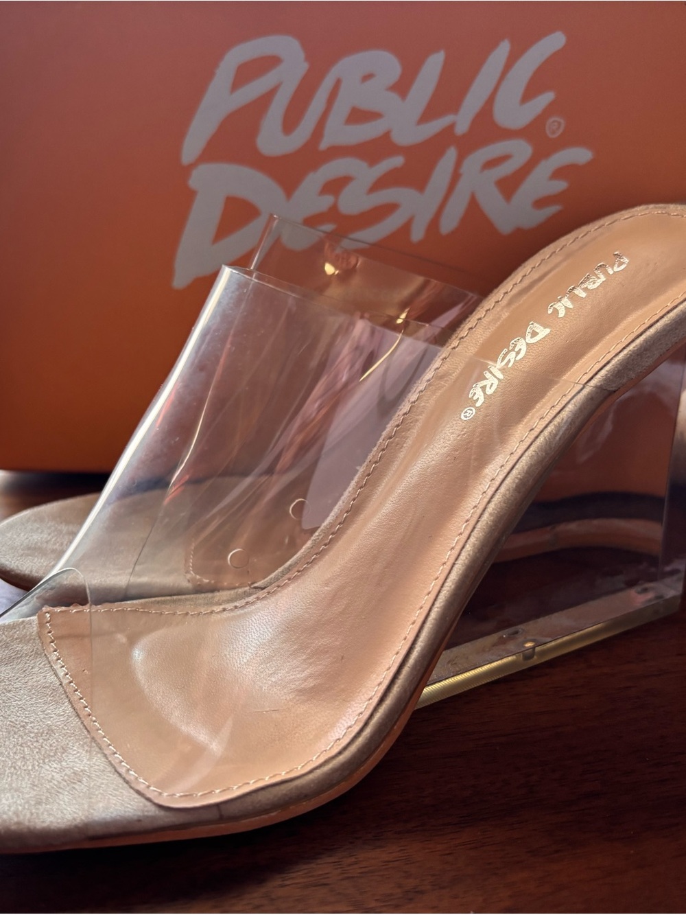 Public Desire Clear Wedge Mules in Nude Beige